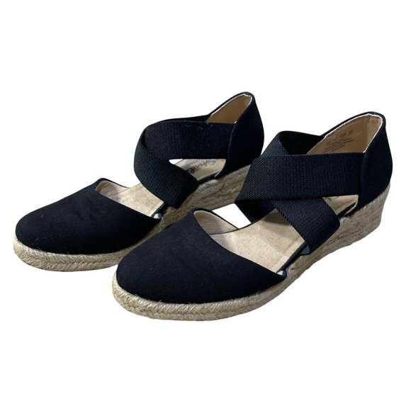 LifeStride Keaton Canvas Slip On Wedge Heels Size 8 Espadrille Black Cross Strap - Picture 4 of 10